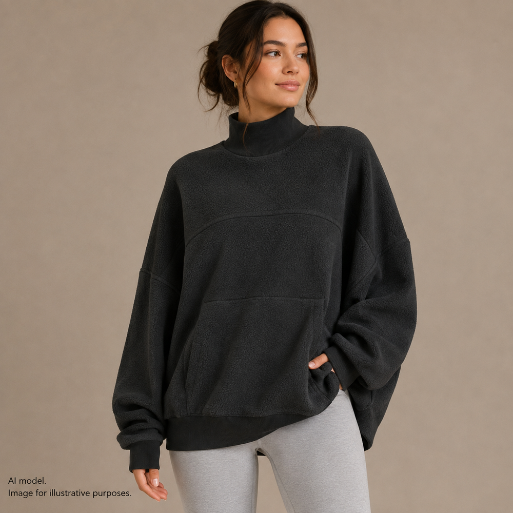 Alo Sweater Women XS Black Fleece Mock Neck Handwarmer Pocket Spilt Side Yoga